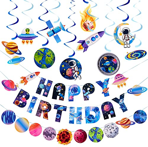 EASY JOY Weltraum deko Planet Geburtstagsdeko Luftschlangen Happy Birthday Banner Girlande Sonnensystem Space Astronauten für Jungen Kindergeburtstag Geburtstag