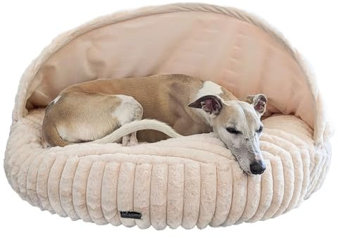EDEL&SCHNELL orthopädisches Hundebett handgefertigt mit waschbarem Bezug inkl. Kuschelhöhle mit kuscheligem Kunstfell für Whippet, Greyhound, Galgo und Co. in dunkelgrau, Durchmesser 90 cm