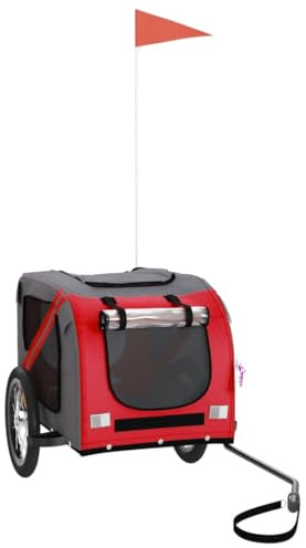 vidaXL Fahrradanhänger für Hunde, Hundeanhänger mit Reflektoren Flagge, Hundetransporter Maximale Belastbarkeit 45kg, Rot Grau Oxford-Gewebe Eisen