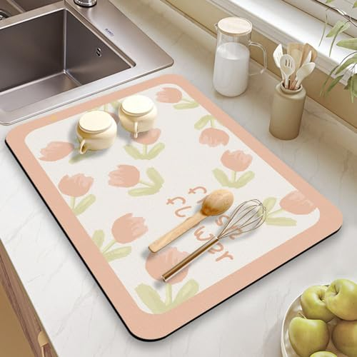 Hixingo Súper Absorbente Bayeta Escurreplatos, Antideslizante Dish Drying Mat Estampado de Florete Alfombra Escurreplatos，Diatomita Alfombrilla Cafetera (40x60cm,Tulipán)