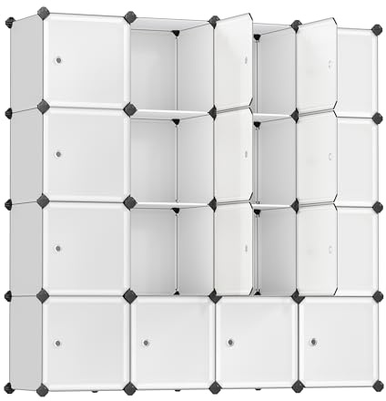 SONGMICS Cube Storage Organizer, Set of 16 Plastic Cubes, Closet Storage Shelves, DIY Plastic Closet Cabinet, Modular Bookcase, Shelving with Doors for Bedroom, Living Room, White ULPC44BSV1