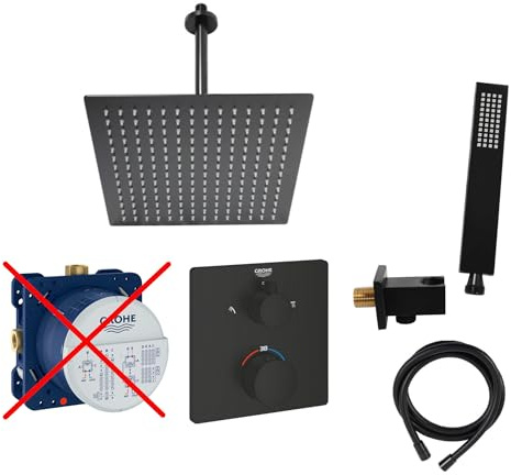 vanvilla Duschsystem Unterputz mit Duscharmatur Grohe schwarz GS06-ob | Duscharmatur von Grohe Grohtherm Thermostat Armatur und vanvilla Regendusche Duschkopf eckig, Dusch-SET schwarz matt
