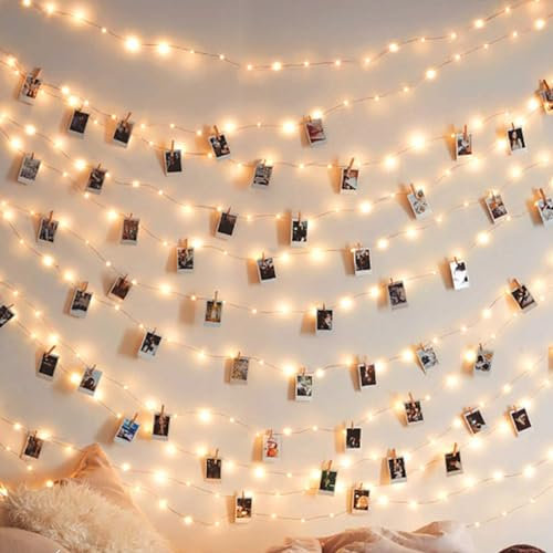 Guirlande lumineuse 100 LED avec 60 pinces pour photos - 10 m - Pour accrocher des photos, des cartes, des mémos, des piles AA (non incluses) - Alimentée avec interrupteur - Parfaite pour chambre à