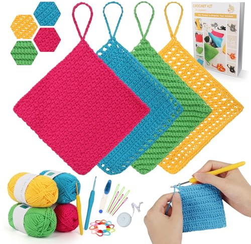 Katech Crochet Kit for Beginner Adults, Dishcloth Beginner Crochet Kit, Learn to Crochet, Soft Yarn and Crochet Hook Supplies | Learn to Crochet-Beginner Crochet Kit Contain Detail Instruction Soft Yarn and Crochet Hook Supplies, Ideal Gift for Beginner