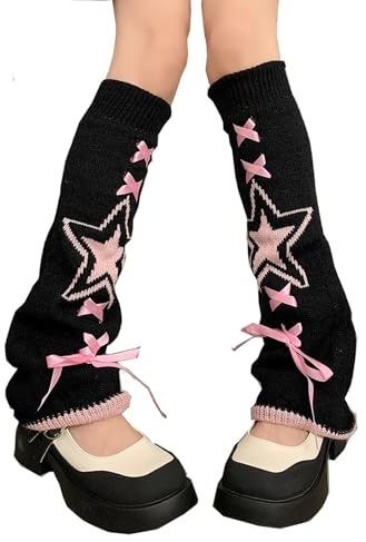 XEPST Calentadores de Piernas de Punto Sueltos para Mujer, Calentadores Niña, Harajuku Calentadores Modernos Invernales Gothic Y2K Leg Warmers para Mujer, Patrón de Pentagrama Rosa