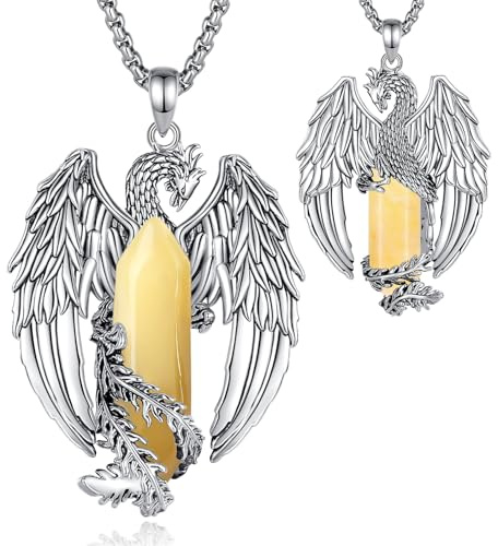 EUDORA Harmony Ball Phönix Goldener Steatitstein Kette für Damen Herren, Vintage Wikinger Feuerphönix Halskette Anhänger Amulett Energie Gothic Kristall Schmuck, Geschenk für Frauen Herren, 20+2