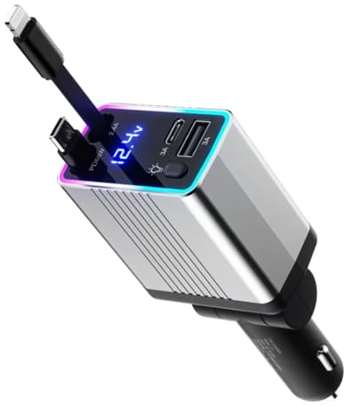 4-in-1 Einziehbares Auto Ladegerät,120W Auto ladegerät Kfz Zubehör,12V/24V USB zigarettenanzünder Adapter mit iPhone und Typ-C Kabel,Ultraschnelles Autoladegerät Kompatibel mit iPhone/Huawei (silbrig)