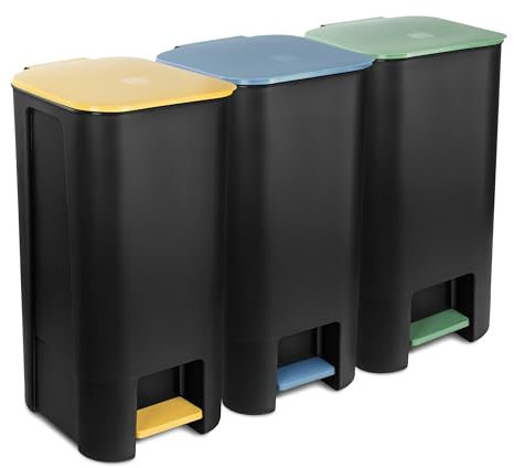 Go Practic Poubelle À Pédale Set 3x 40L, Cuisine Avec Couvercle Coloré, Bacs de Recyclage, Corbeille tri Selectif, Système De Tri Des Déchets Pour Papier, Plastique, Verre, Jaune, Vert, Bleu