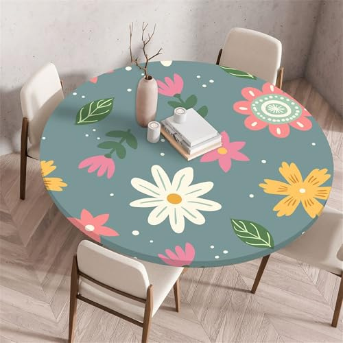 Morbuy Elastische Tischdecke Wasserdicht,3D Blume Drucken Tischdecken mit Gummizug Rund Tischtuch Abwischbar Gartentischdecken Tischschutz für Dekoration Party (Karikatur,Durchmesser 80cm)