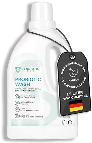 SYNBIOTIC SHIELD - Probiotisches flüssig Waschmittel 1,5L gegen Schmutz, Flecken, Gerüche - Natürliches Flüssigwaschmittel effektiv gegen Schweiß - Biologisch abbaubare Formel für Weiß- & Buntwäsche