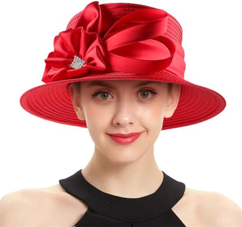 Damenhut aus Satin, Blume, Kirchenhut, elegant, Fotografie, Top, Bankett, Hochzeitshut, Ch0013, Rot, 56-59