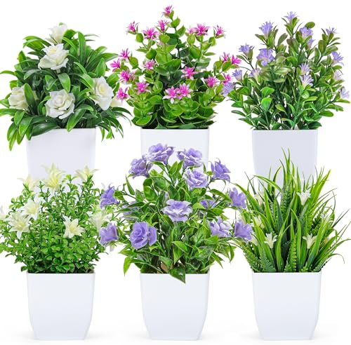 BTSD-home 6 Pack Kleine künstliche Pflanzen mit Blumen für Bücherregal Deko | Fake Pflanzen für Zuhause, Bauernhaus und Innenräume – abgestimmte Akzente, flexibel verteilbar