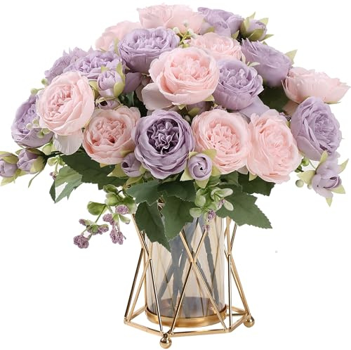 HNVNER 2 Sträuße Künstliche Pfingstrosen, Seidenblumen-Bouquet für Zuhause, Hochzeit, Partydekoration, Rosa-Lila