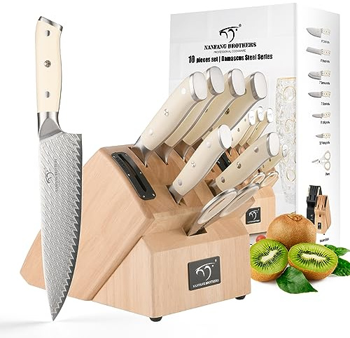 NANFANG BROTHERS 10-Piece Kitchen Knife Set - Damascus VG10 Steel Kitchen Block with Carving Shears & Wooden Block, Luxury Gift Box for Professionals
