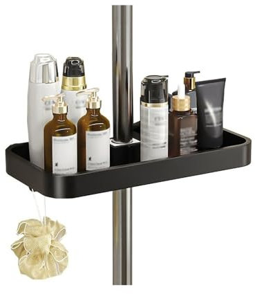 Modern Shower Caddy - Adjustable & Rotatable Aluminum Shower Shelf with Railing & Hooks Stylish Bathroom Towel Holder (Black)