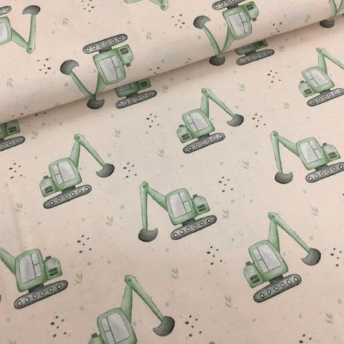 Baumwolljersey Stoff Kinder Fahrzeuge & Tiermotive – 94% Baumwolle 6% Elasthan – Öko-Tex Standard 100 – 150 cm breit – Meterware ab 50 cm für Baby- & Kinderkleidung (Bagger)