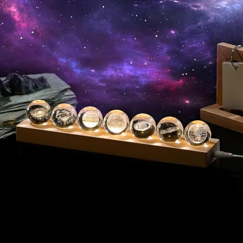 3D Kristallkugel Nachtlicht, Fantastische Sternkugel Nachtlicht, bunte Mini-Glas-Heilkugeln mit Holzsockel, Eisrissige Kristallkugel, Fotografie Kugel Geschenk für Zuhause, Wohnzimmer