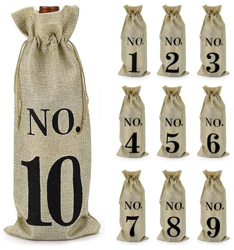 Yeqqzq 10pcs Jute Wine Bags, Numbered Bottle Gift Bags with Drawstring