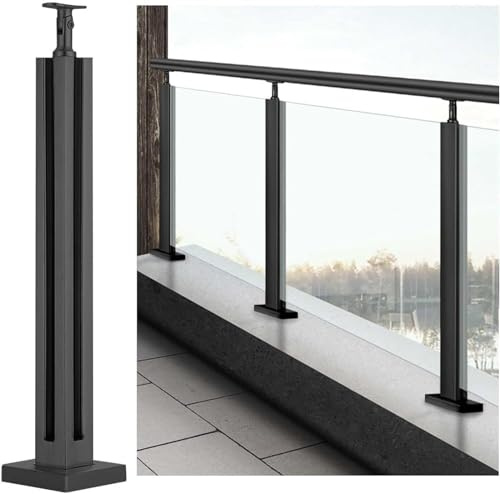 Balaustra in acciaio inox e vetro, 65-105 cm, palo angolare per scale e balconi all'aperto, sistema di ringhiera nero resistente, supporto moderno per ringhiere in vetro, dimensioni 75 cm