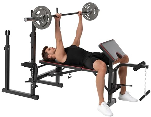 SPORTNOW Banco de Musculación Multifuncional, Banco de Pesas, Press Banca con Soportes para Barra Regulables y Respaldo Ajustable, para Entrenamiento Completos de Cuerpo, en Casa, Gimnasio, Negro