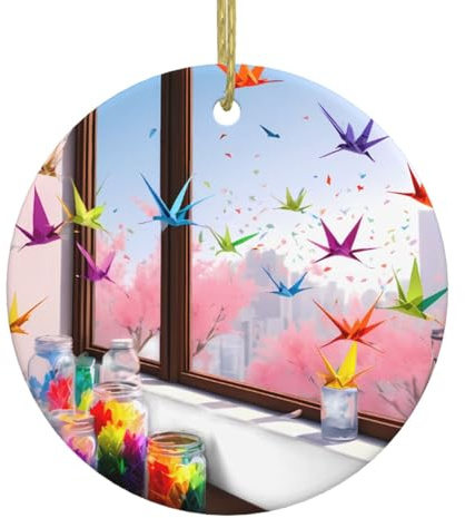 WHJSHOP Decorazione da appendere con migliaia di gru di carta sul davanzale della finestra, albero di Natale, in ceramica, rotondo, 7,4 cm, per aggiungere atmosfera alla festa di Natale