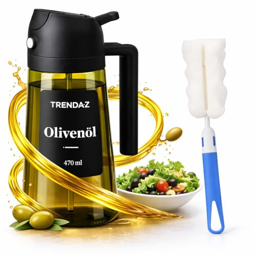 TRENDA-Z® Pulvérisateur d'huile en verre et distributeur d'huile 2 en 1 - 470 ml - Brume fine - Protection UV - Anti-goutte - Kit avec brosse de nettoyage (noir)