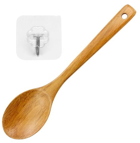 1 cuchara de cocina de madera con gancho de 6 cm, cuchara de madera grande de 30 cm, cuchara para mezclar de madera, utensilios de cocina, duradera, antibacteriana, para el hogar