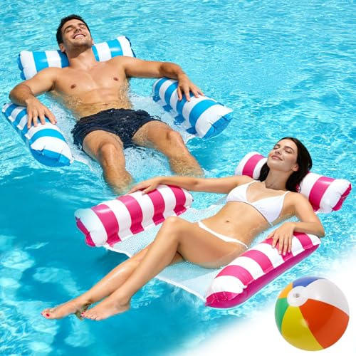 RYACO 2er Set Aufblasbare Wasserliege, 4-in-1 Wasserhängematte mit Strandball, Kühles Netz, 3-Rohr Stabilität, Pool Float für Erwachsene, Sommer Gartenpool Strand See