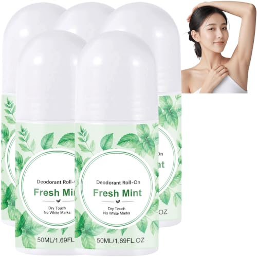 Déodorant à rouler à l'huile de menthe poivrée pour femme - Déodorant naturel sans aluminium, gel transparent invisible, pas de marques crayeuses, pas de tache (5PCS)