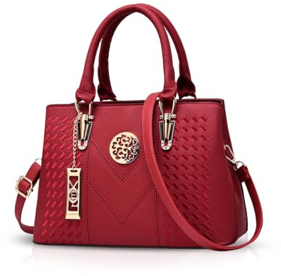 NICOLE & DORIS Elegant Taschen Stillvoll Damen Handtaschen Umhängetasche Shopper Frauen Schultertaschen Henkeltaschen PU Leder Tasche mit Anhänger Geschenke Weinrot