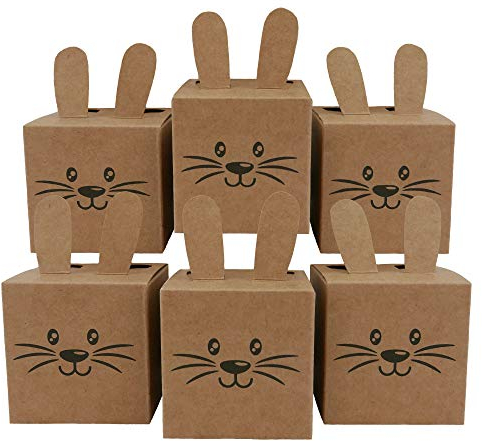 Papierdrachen 12 Geschenkboxen im Osterhasen-Design - Kisten mit Ohren, Pompom und Gesicht - 7cm x 7cm - naturbraun - Osternest für Kinder