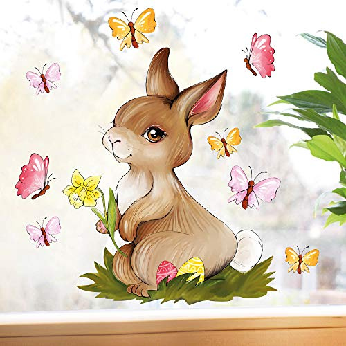 Wandtattoo Loft Fensterbilder Frühling Selbstklebend Hase & Schmetterlingen Motiv – A4 Bogen, Wiederverwendbar – Deko Frühling, Frühlingsbild Fenster, Fensterdeko Frühling, Fensterbilder Ostern