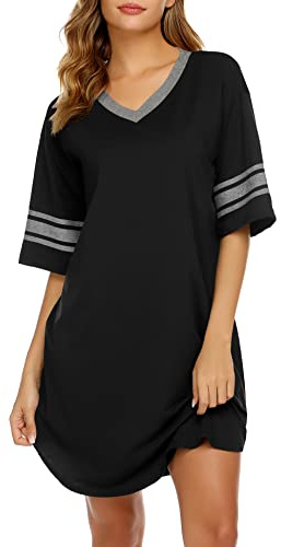 Ekouaer Nightgowns for Women Cotton Night Gown Short Sleeve Sleepwear V Neck Color Block Sleep Shirts Ladies Night Shirts Black XXL
