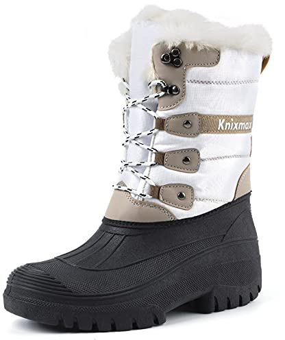 Knixmax Women's Snow Boots Warm Fur Lined Winter Boots Waterproof Non Slip Soles Mid Calf Boots Lightweight Mucker Stable Yard Boots White 9UK-42EU