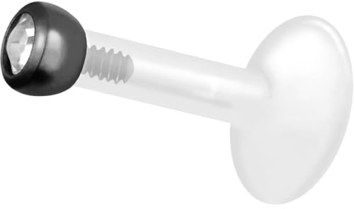 PIERCINGLINE PTFE Labret mit Gewinde TITAN AUFSATZ KRISTALL 2 mm Piercing Lippe Nase Ohr Schwarz 1,2 x 7 mm