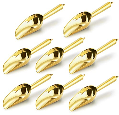 E-far Mini-Eisschaufel, 8 Stück, goldfarben, Edelstahl, für Süßigkeiten, Mehl, Zucker, kleine Metallschaufeln für Party/Kanister, Gläser/Küchenbar/Eismaschine, rostfrei und spülmaschinenfest