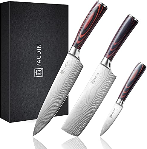 PAUDIN Kitchen Knife Set, 3 Pcs Chef Knive Set, Professional Kitchen Knives with High Carbon Stainless Steel, with Ultra Sharp Blade & Wooden Handle,Japanese Knive Set