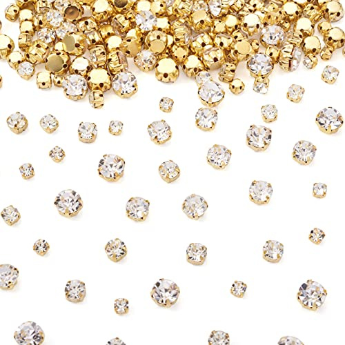 PandaHall 780 Stück Strasssteine zum Aufnähen flach rund verschiedene Größen Nähkrallen Kristalle Strasssteine flache Rückseite Edelsteine mit goldener Krappenfassung für Kleid Kleidung Schuhe Tasche