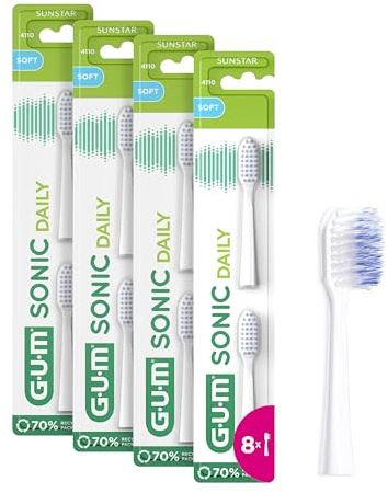 GUM Sonic Daily Ersatzbürstenköpfe für GUM Sonic Daily Schallzahnbürste/Weiche, mikrofeine Borsten für eine sanfte, gründliche Reinigung, jeden Tag / 4 x 2 Stück (Weiß)…