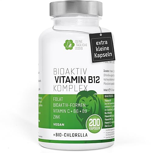 Vitamin B12 Komplex + 600µg Folsäure + B6 + B9 + C - mit Chlorella - 200 vegane Kapseln hochdosiert - bei Vitamin B Mangel ohne Zusätze in Deutschland hergestellt