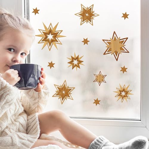 Wandtattoo Loft Fensterbilder Weihnachten mit Sternen in Holzoptik – Wiederverwendbar – A3 Bogen, 17 Sticker – Weihnachstdeko Fenster Kinderzimmer, Weihnachtsbilder Fenster, Fensterbild Winter