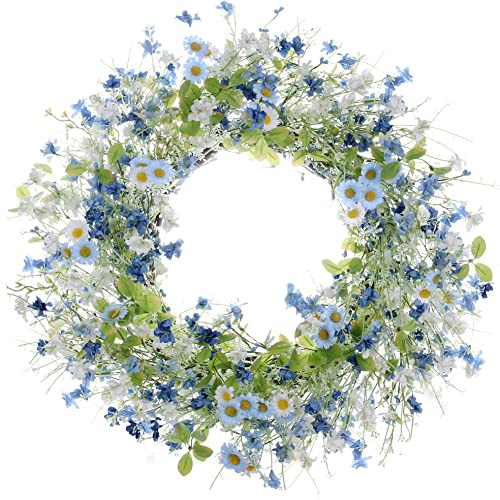 JINGHONG Artificial Daisy Wreath,22 Inch Spring Wreath Colorful Summer Wreath Floral Wreaths with Green Eucalyptus Leaves for Front Door Wall Window Decor and Spring Summer Holiday Decor(BU/WH/GN)