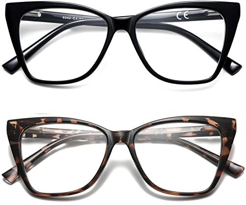 LKEYE Oversized Reading Glasses For Women Cat Eye Computer Blue Light Blocking Reader Stylish Ladies Designer Fashion Large Unbreakable Eyeglasses 2pack Black Leopard LK6042 + 1.25 x