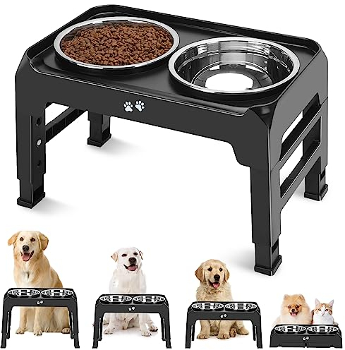 Elevated Dog Bowls, 4 Height Adjustable Raised Dog Bowl Stand with 2 Thick 50oz Stainless Steel Dog Food Bowls Non-Slip Dog Feeder for Medium Large Dogs Adjusts to 3.7, 9.2, 10.75, 12.36 Black