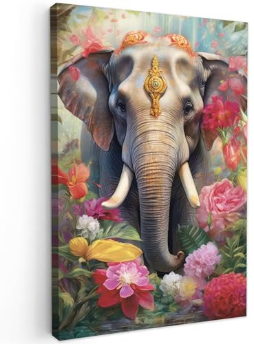 MuchoWow© Leinwände 60x90 cm Wall Decoration Bilder Schlafzimmer Deko Pictures Canvas Painting Wanddekoration Wohnzimmer Elefant - Blumen - Natur - Tiere