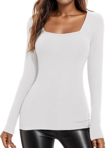 WOWENY Termisk topp för kvinnor, vinterpullover, fyrkantig urringning, långärmade termounderkläder, slitna t-shirts, undertröja, långärmad skjorta, fleecetröja,, Vit, XL