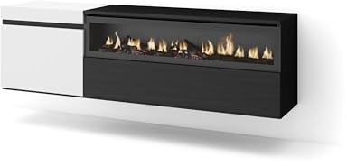 Skraut Home | TV-Schrank, Lowboard | für Wohnzimmer und Esszimmer | 150x45x35cm | Für TV-Geräte bis zu 65 | Elektrokamin. Maße | Hängend | Moderner Stil | Weiß und Schwarz