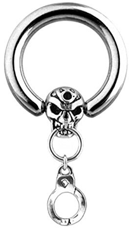 Taffstyle Piercing Schmuck Brustwarzenpiercing Brustwarze Intimpiercing Brust Nippel Intim Barbell Ring Nase Ohr Septum Nasenring Klemmring BCR Handschellen Anhänger Totenkopf Silber 1,6 x 12mm