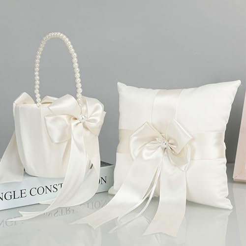 BFYDOAA Ring Bearer Pillow and Flower Girl Basket Set for Wedding - 7x7 White Satin Wedding Ring Cushion Pearl Handle Flower Girl Baskets(Set)