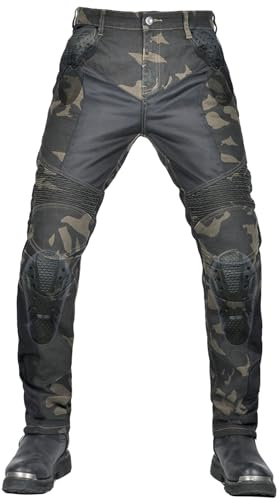 QIYUANT Camouflage Pantaloni Moto Estivi Uomo Motorcycle Jeans Resistenza allo Strappo Stretch Vintage Donna Pantalone Biker Motociclista Lavoro Corsa Protezioni Potenziato Rimovibili (Verde, 3XL)